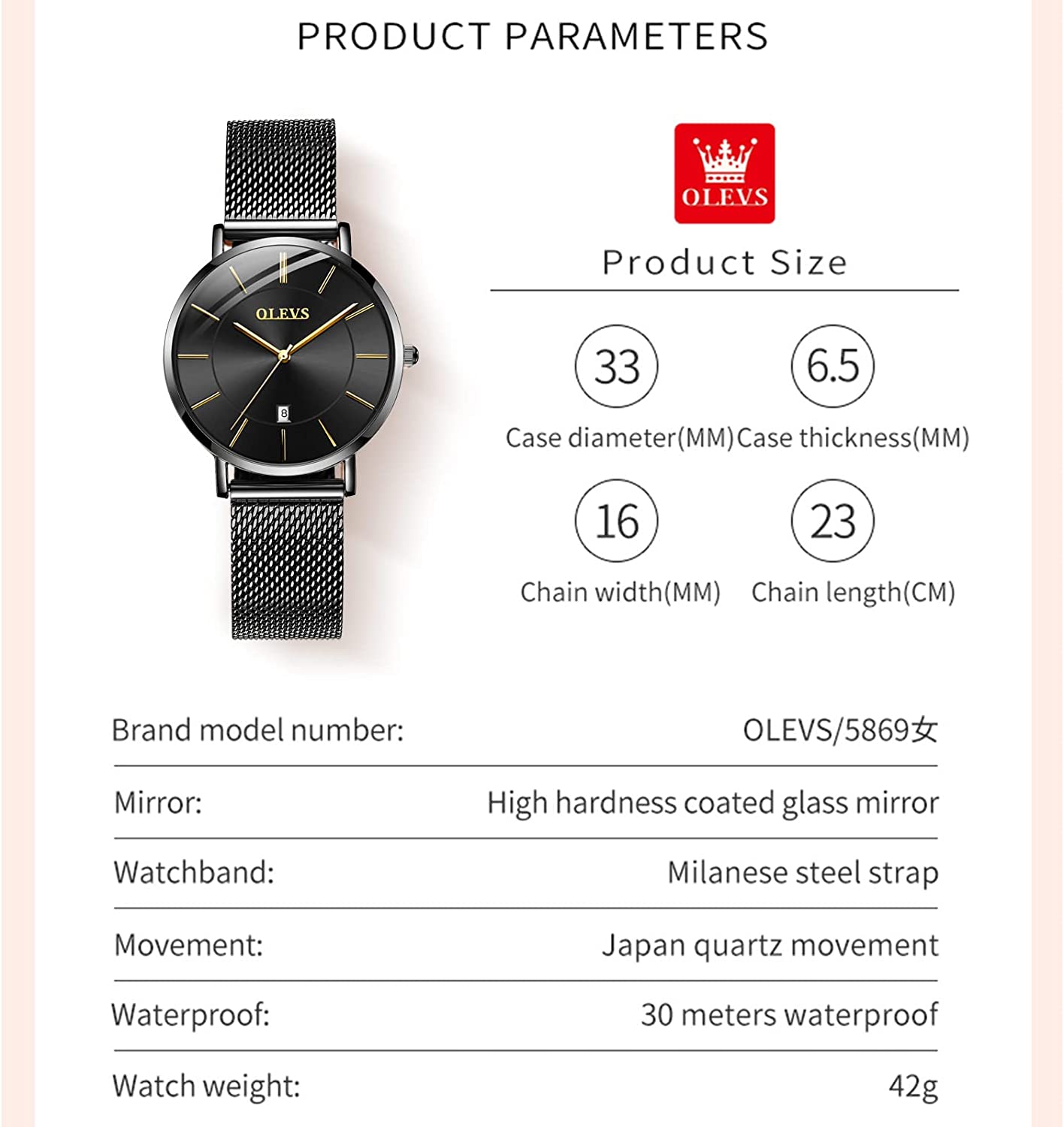 OLEVS Women's Watch Luxury Dress Rose Gold Women Slim Thin Lightweight Watch Stainless Steel Mesh Watches Fashion Waterproof Ladies Wrist Watch Black White Blue Face,Adjustable Bracelet - Image 5